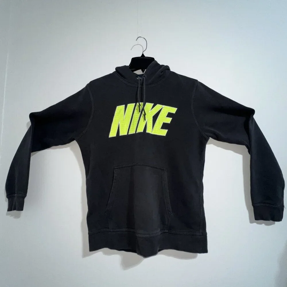 NIKE Hoodie Men’s M Gray /Neon Green Pullover Spell Out Big‎ Logo